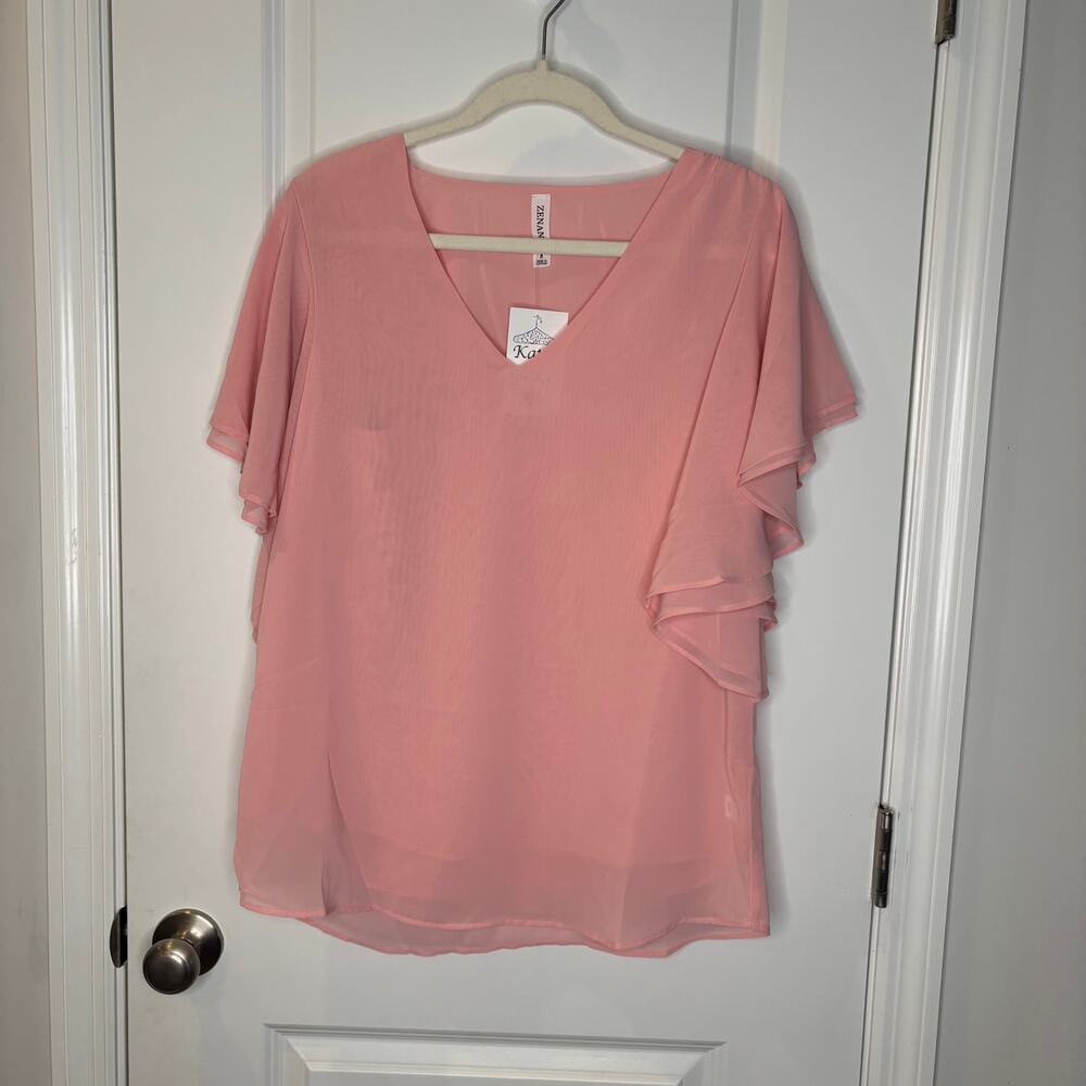 Zenana Blush Pink Flutter Sleeve V-Neck Blouse | Size Small | NWT